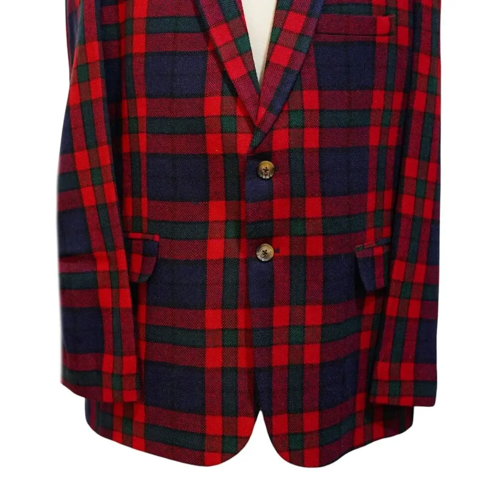 Mens Wool Sport Coat 44R Red Blue Green Tartan Plaid Blazer 2 Button Wedding
